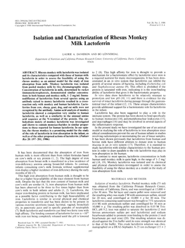 Isolation and Characterization of Rhesus Monkey Milk Lactoferrin