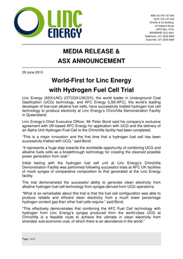 MEDIA RELEASE & ASX ANNOUNCEMENT World-First For