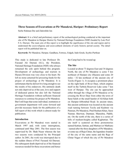 Three Seasons of Excavations at Pir Manakrai, Haripur: Preliminary Report Saifur Rahman Dar and Zakirullah Jan