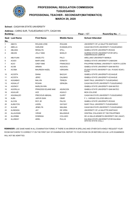 Professional Regulation Commission Tuguegarao Professional Teacher - Secondary(Mathematics) March 29, 2020