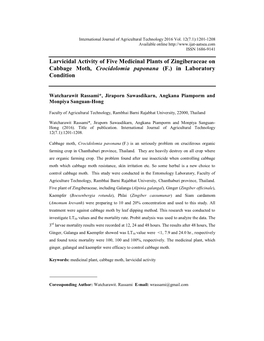 Larvicidal Activity of Five Medicinal Plants of Zingiberaceae on Cabbage Moth, Crocidolomia Paponana (F.) in Laboratory Condition