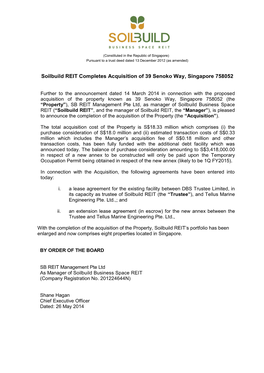 Soilbuild REIT Completes Acquisition of 39 Senoko Way, Singapore 758052
