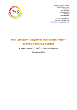 Acrylamide Investigation: Phase 1 Analysis of All Group Samples Sponsors Project Reference No: FS102081 Distribution: 1