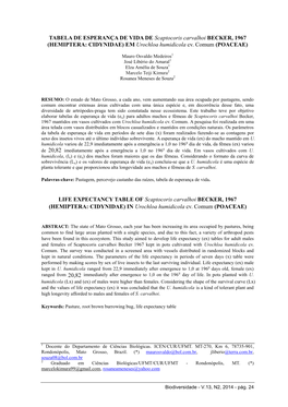 TABELA DE ESPERANÇA DE VIDA DE Scaptocoris Carvalhoi BECKER, 1967 (HEMIPTERA: CIDYNIDAE) EM Urochloa Humidicola Cv