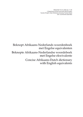 Beknopt Afrikaans-Nederlands Woordenboek Met Engelse