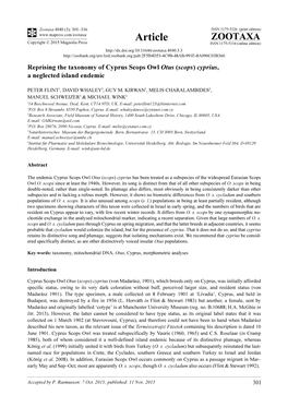 Reprising the Taxonomy of Cyprus Scops Owl Otus (Scops) Cyprius, a Neglected Island Endemic