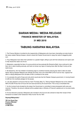 Siaran Media / Media Release Tabung Harapan Malaysia