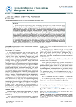 Zakat As a Mode of Poverty Alleviation Muhammad Arif* National College of Business Administration and Economics, Bahawalpur Sub-Campus, Pakistan