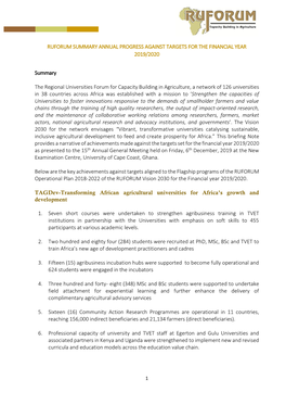 Ruforum Summary Annual Progress Against Targets for the Financial Year 2019/2020