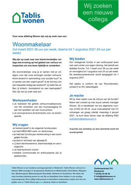 Woonmakelaar (Tot Maart 2021 36 Uur Per Week, Daarna Tot 1 Augustus 2021 24 Uur Per Week)