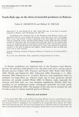 Toads Bufo Spp. in the Diets of Mustelid Predators in Belarus