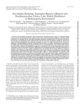 Non-Sulfate-Reducing, Syntrophic Bacteria Affiliated with Desulfotomaculum Cluster I Are Widely Distributed in Methanogenic Envi