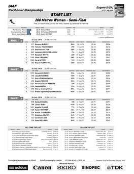 START LIST 200 Metres Women - Semi-Final First 2 in Each Heat (Q) and the Next 2 Fastest (Q) Advance to the Final