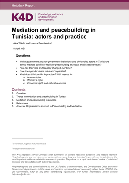Mediation and Peacebuilding in Tunisia: Actors and Practice