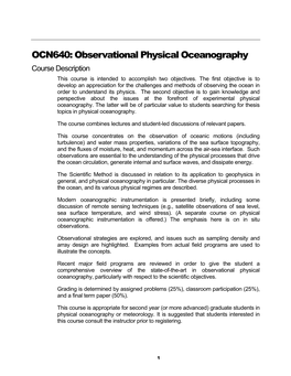 OCN640: Observational Physical Oceanography Course Description This Course Is Intended to Accomplish Two Objectives