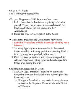 Ch 21 Civil Rights Sec 1 Taking on Segregation Plessy V. Ferguson