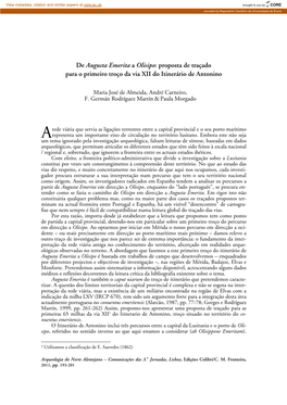 De Augusta Emerita a Olisipo: Proposta De Traçado Para O Primeiro Troço Da Via XII Do Itinerário De Antonino