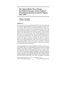 The Nigeria-Biafra War, Oil and the Political Economy of State Induced Development Strategy in Eastern Nigeria, 1967–1995