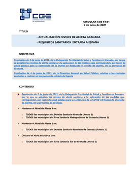 Actualización Niveles De Alerta Granada - Requisitos Sanitarios Entrada a España