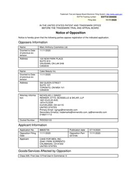 Notice of Opposition Opposers Information Applicant Information