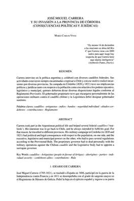 José Miguel Carrera Y Su Invasión a La Provincia De Córdoba (Consecuencias Políticas Y Jurídicas)