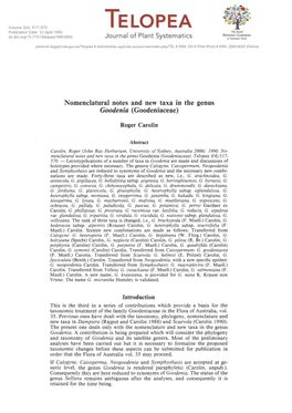 Nomenclatural Notes and New Taxa in the Genus Goodenia (Goodeniaceae)