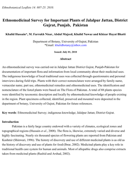 Ethnomedicinal Survey for Important Plants of Jalalpur Jattan, District Gujrat, Punjab, Pakistan