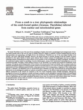 Phylogenetic Relationships of the Comb-Footed Spiders (Araneae, Theridiidae) Inferred from Nuclear and Mitochondrial Genes Miquel A