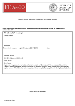 Alfalfa Management Affects Infestations of Lygus Rugulipennis (Heteroptera: Miridae) on Strawberries in Northwestern Italy