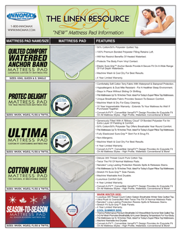 Mattress Pad Name/Size Features Mattress