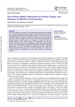 The US News Media, Polarization on Climate Change, and Pathways to Effective Communication Toby Bolsena and Matthew A