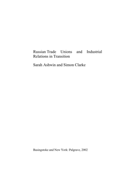 Russian Trade Unions and Industrial Relations in Transition