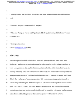 Climate Gradients, and Patterns of Biodiversity and Biotic Homogenization in Urban Residential