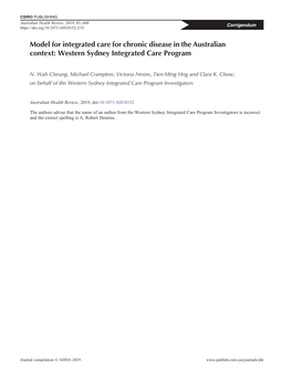 Model for Integrated Care for Chronic Disease in the Australian Context: Western Sydney Integrated Care Program