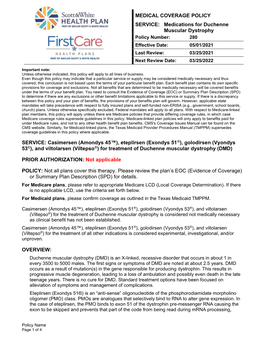 Medications for Duchenne Muscular Dystrophy SERVICE: Casimersen