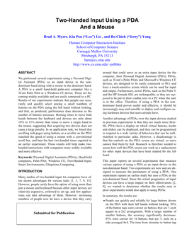 Two-Handed Input Using a PDA and a Mouse