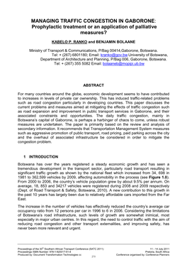 MANAGING TRAFFIC CONGESTION in GABORONE: Prophylactic Treatment Or an Application of Palliative Measures?