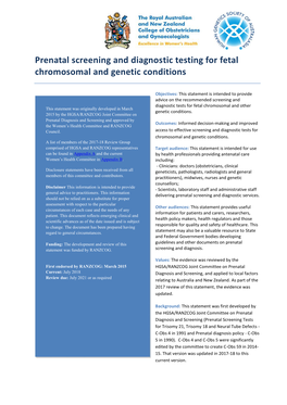 Prenatal Screening and Diagnostic Testing for Fetal Chromosomal and Genetic Conditions