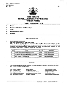 FEDERAL REPUBLIC of NIGERIA ORDER PAPER Tuesday 28Th February 2012