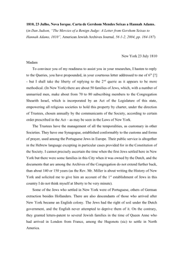 1810, 23 Julho, Nova Iorque. Carta De Gershom Mendes Seixas a Hannah Adams