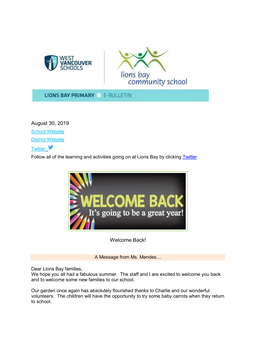 August 30, 2019 Welcome Back!