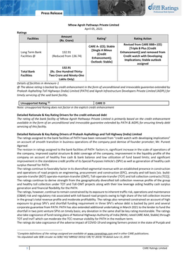 Mhow Agroh Pathways Private Limited April 05, 2021 Ratings Amount Facilities Rating1 Rating Action (Rs