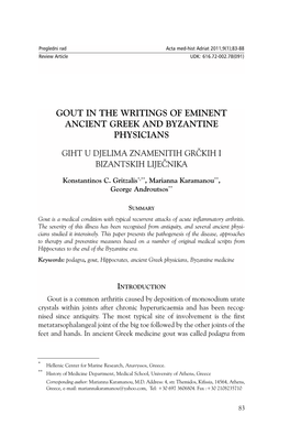 Gout in the Writings of Eminent Ancient Greek and Byzantine Physicians