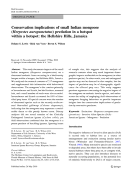 Herpestes Auropunctatus) Predation in a Hotspot Within a Hotspot: the Hellshire Hills, Jamaica