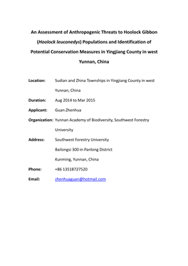 (Hoolock Leuconedys) Populations and Identification of Potential Conservation Measures in Yingjiang County in West Yunnan, China