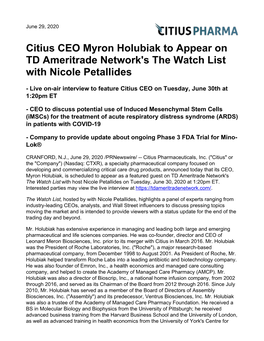 Citius CEO Myron Holubiak to Appear on TD Ameritrade Network's the Watch List with Nicole Petallides