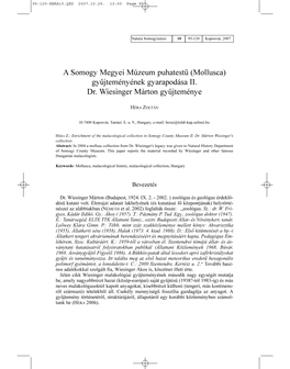 A Somogy Megyei Múzeum Puhatestű (Mollusca) Gyűjteményének Gyarapodása II. Dr. Wiesinger Márton Gyűjteménye