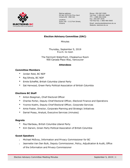 Election Advisory Committee (EAC) Minutes Thursday, September 5, 2019 9 A.M. to Noon the Fairmont Waterfront, Cheakamus Room