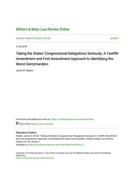 Taking the States' Congressional Delegations Seriously: a Twelfth Amendment and First Amendment Approach to Identifying the Worst Gerrymanders