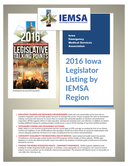 2016 Iowa Legislator Listing by IEMSA Region